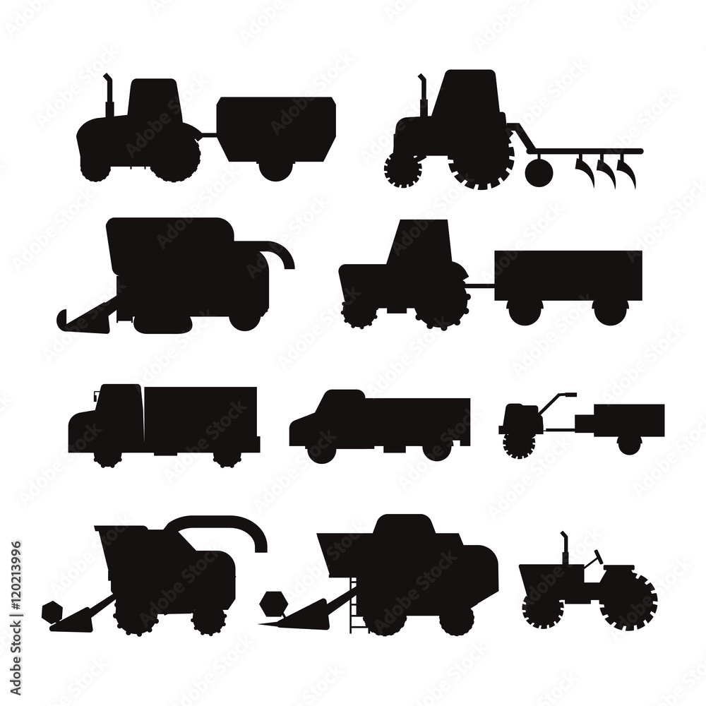 Set of different types of agricultural vehicles and harvester machine, combines and excavators. Icon set agricultural harvester machine with accessories for plowing, mowing, planting and harvesting.