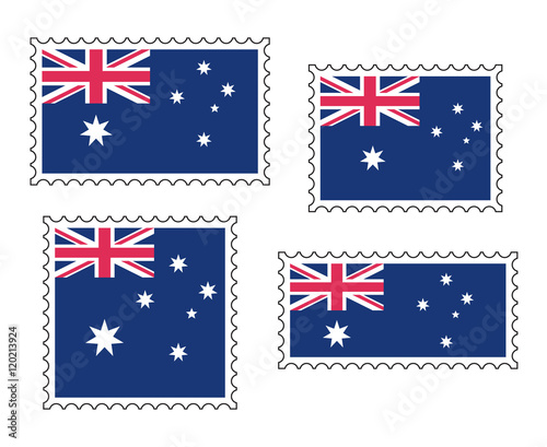 Australian flag postage stamp set, isolated on white background, vector illustration.