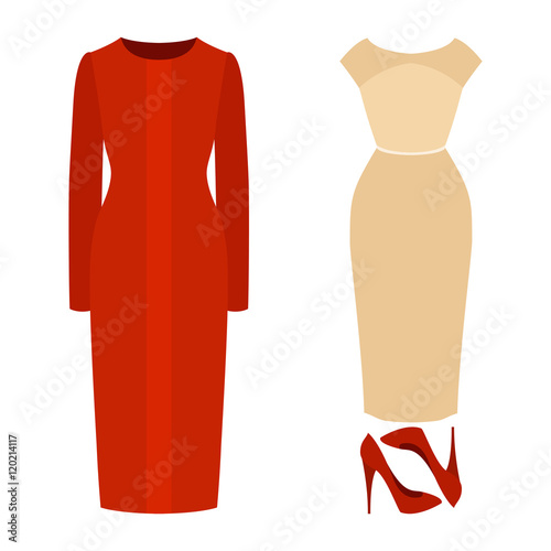 Set of trendy women's clothes with coat, dress and accessories