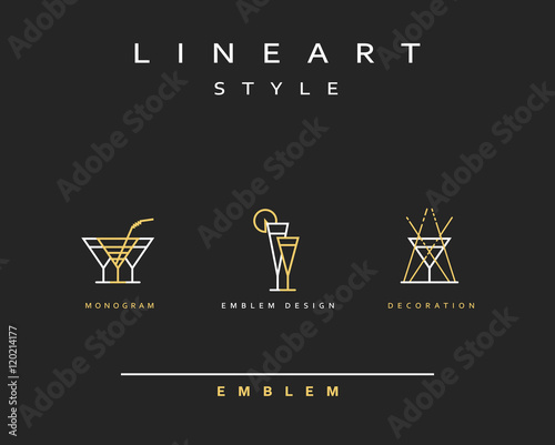 Cocktail wineglass vector icon style line art. Monogram emblem element design style lineart.