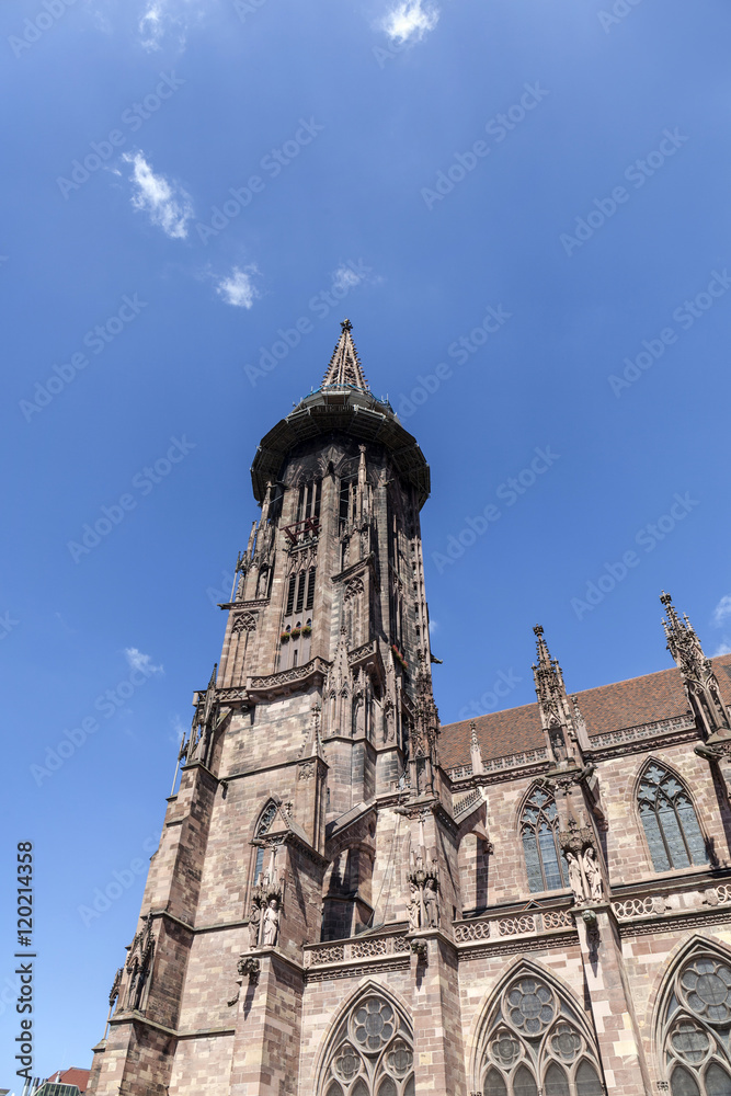 Main tower of world famous Freiburg Muenster cathedral, a mediev