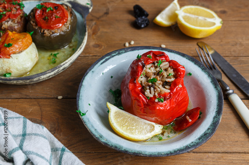 Stuffed tomatoes and peppers, a traditional plate in Greece photo
