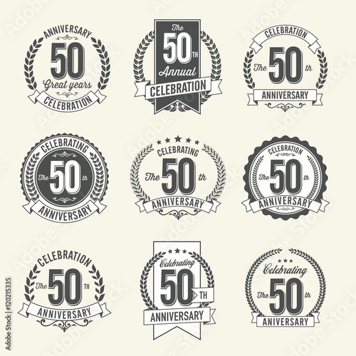 Set of Vintage Anniversary Badges 50th Year Celebration. Black and White.