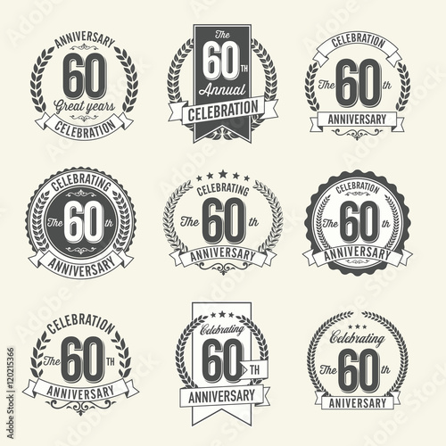 Set of Vintage Anniversary Badges 60th Year Celebration. Black and White.