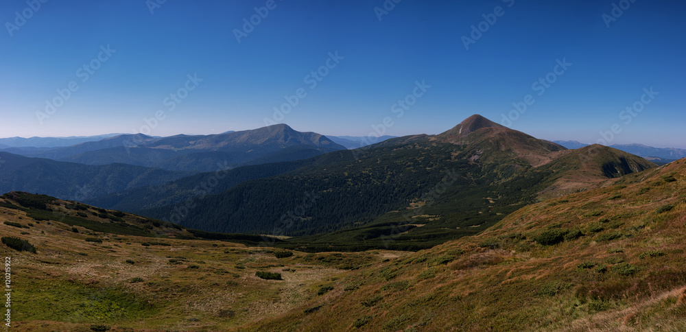 Ukrainian Carpathians, National Park Chornogora. Sunny day. Summertime trekking. View on Petros and Hoverla.