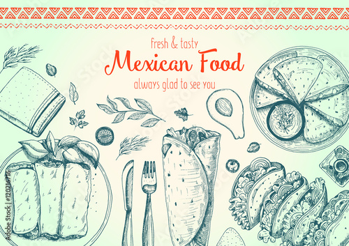 Mexican food frame. Mexican food vector illustration. Linear graphic style.