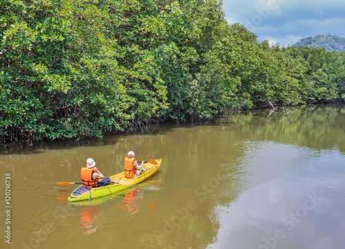 Tourists kayaking floating on the river in the jungles
