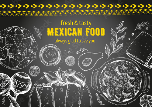 Mexican food frame. Mexican food vector illustration. Linear graphic style. Drawn on a chalkboard.