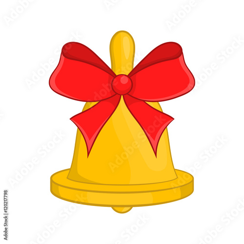 Golden Christmas bell with red bow in cartoon style isolated on white background vector illustration