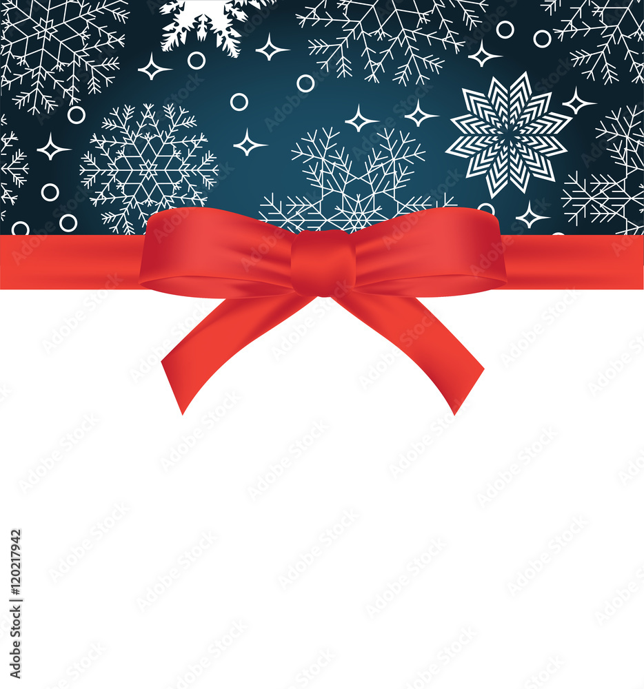 Greeting card with red bow on snowflakes background and copy space Greeting card with red bow on snowflakes background and copy space