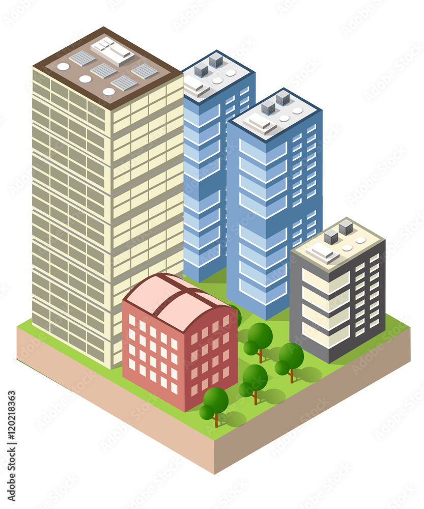  3d isometric three-dimensional city with houses, skyscrapers, buildings and streets with traffic. Top view of urban infrastructure for the creation and design.