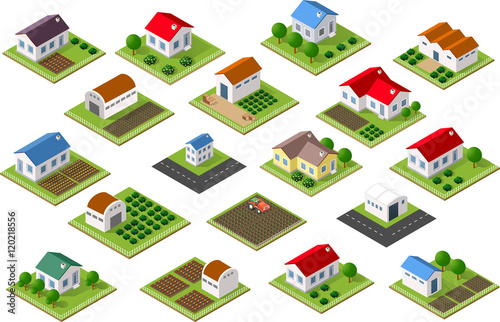 Isometric icon rural countryside with houses  gardens  parks for Web sites and applications