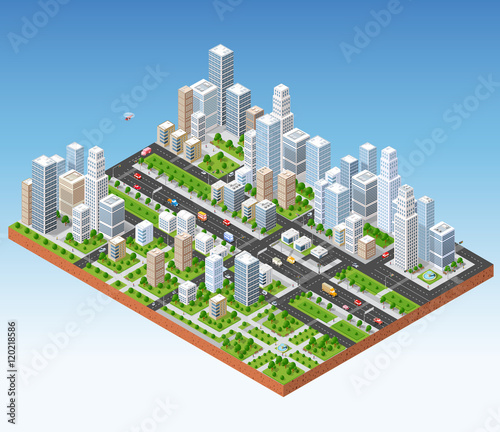 Megapolis 3d isometric three-dimensional view of the city. Collection of houses, skyscrapers, buildings, built and supermarkets with streets and traffic. The stock vector