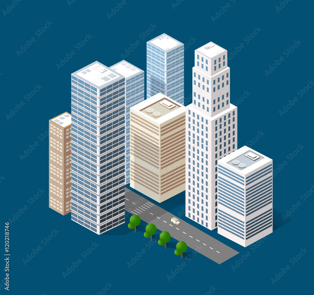 3d isometric three-dimensional urban transport street with houses, skyscrapers. Top view of the city district 3d isometric three-dimensional urban transport street with houses, skyscrapers. Top view of the city district