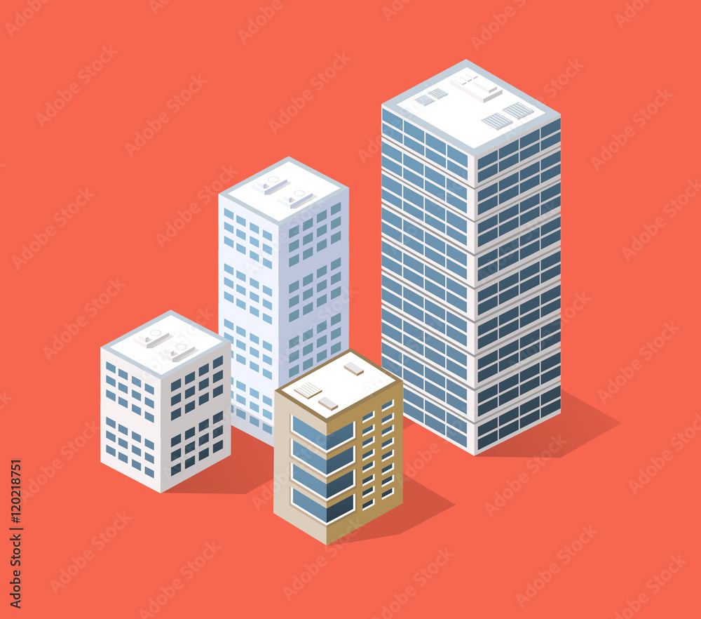 Neighborhood 3d isometric three-dimensional view of the city. Collection of houses, skyscrapers, buildings and supermarkets. The stock vector