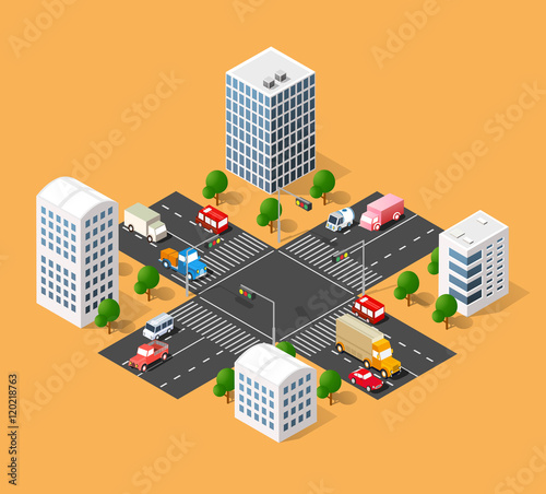3d isometric three-dimensional urban transport street with houses, skyscrapers. Top view of the city district