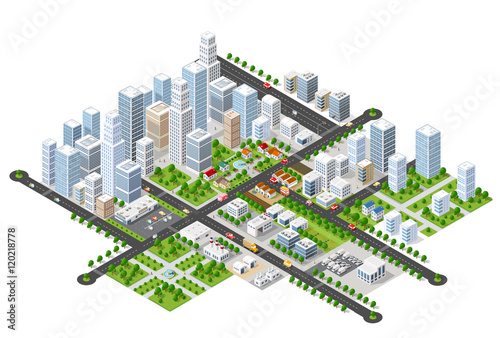 Megapolis 3d isometric three-dimensional view of the city. Collection of houses, skyscrapers, buildings, built and supermarkets with streets and traffic. The stock vector