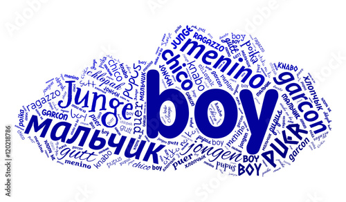 Creative tag cloud filled by word boy in different languages on white background. Vector.