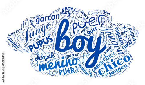 Creative tag cloud filled by word boy in different languages on white background. Vector.