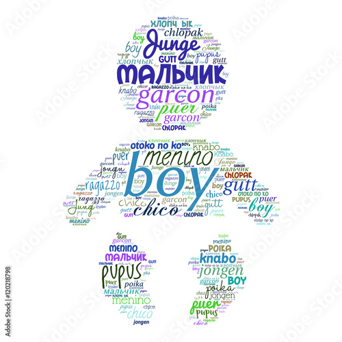 Creative tag cloud filled by word boy in different languages on white background. Vector.