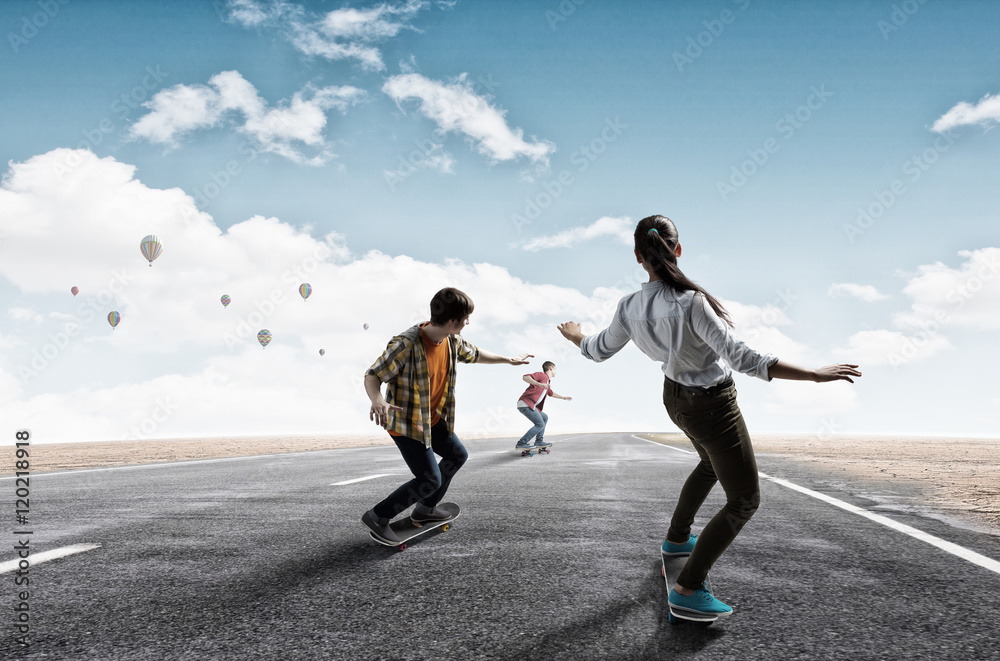 Obraz premium Teenagers ride skateboards . Mixed media