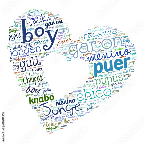 Creative tag cloud filled by word boy in different languages on white background. Vector.