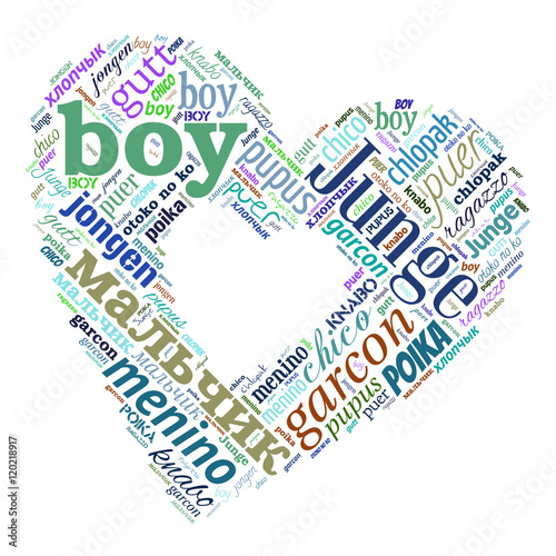 Creative tag cloud filled by word boy in different languages on white background. Vector.