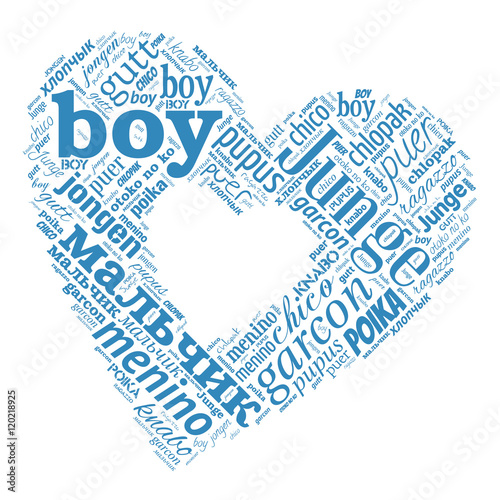 Creative tag cloud filled by word boy in different languages on white background. Vector.