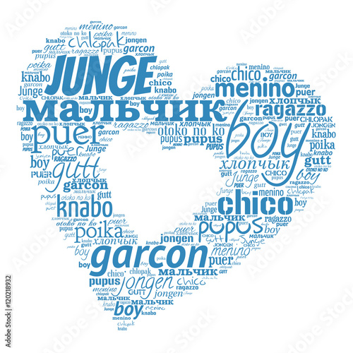 Creative tag cloud filled by word boy in different languages on white background. Vector.