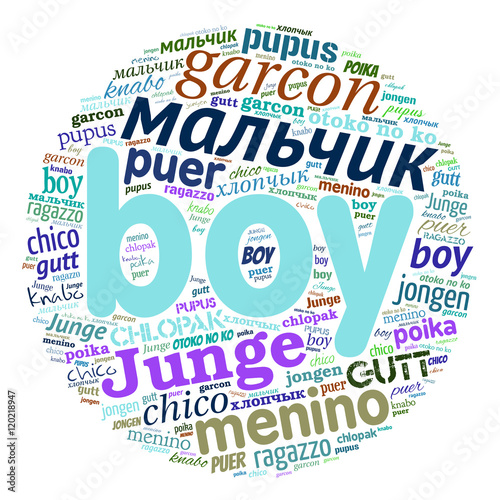 Creative tag cloud filled by word boy in different languages on white background. Vector.