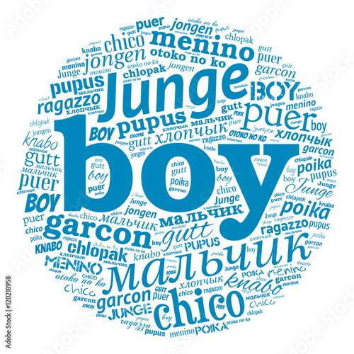 Creative tag cloud filled by word boy in different languages on white background. Vector.