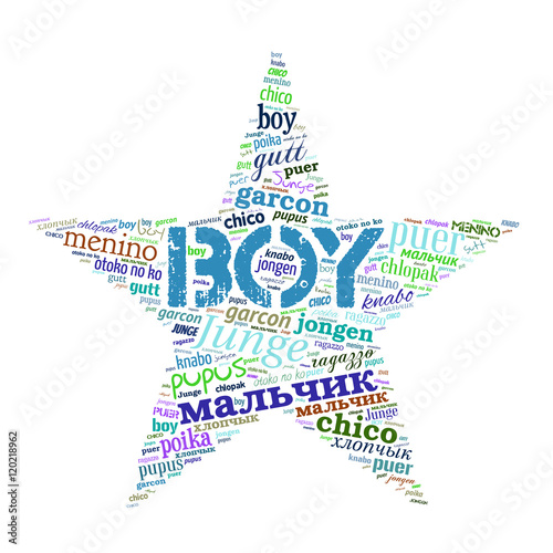 Creative tag cloud filled by word boy in different languages on white background. Vector.