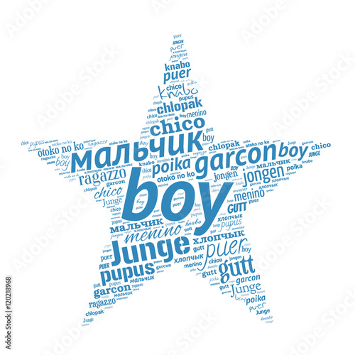 Creative tag cloud filled by word boy in different languages on white background. Vector.