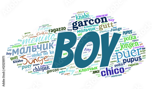 Creative tag cloud filled by word boy in different languages on white background. Vector. photo