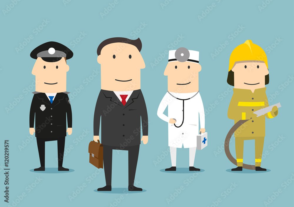 Professional occupation human characters. Policeman, doctor, fireman, lawyer in uniform. People professions vector icons