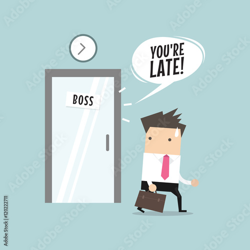 Businessman working late. Walking through the boss room and was warned by boss.