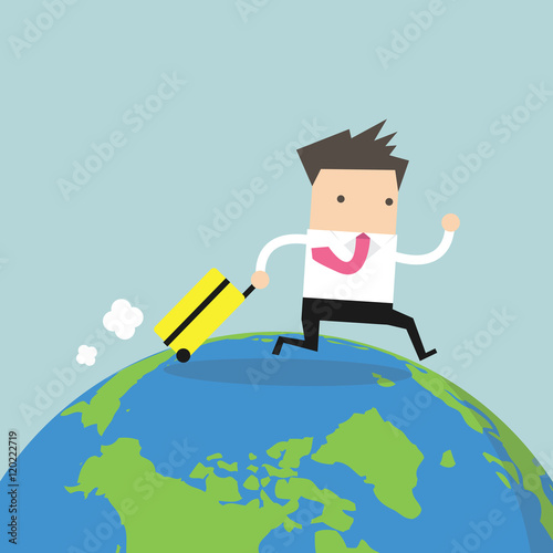 Businessman with suitcase walking around the world.