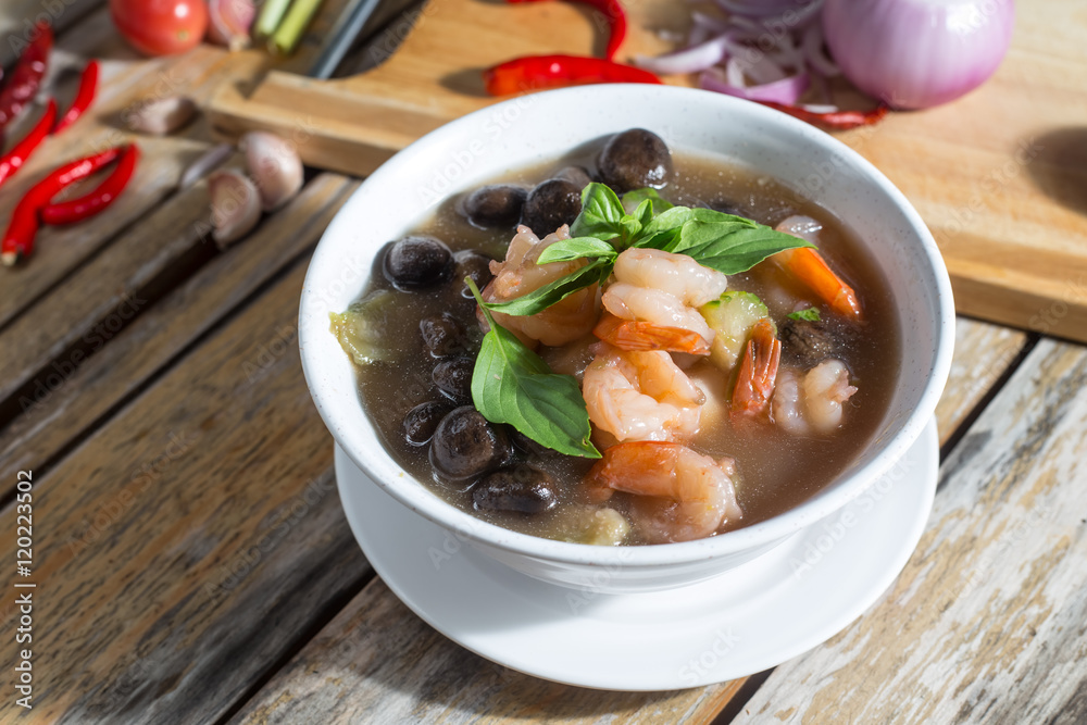 Basa mushroom soup with herbs and boiled shrimp. Basa mushroom soup with herbs and boiled shrimp.