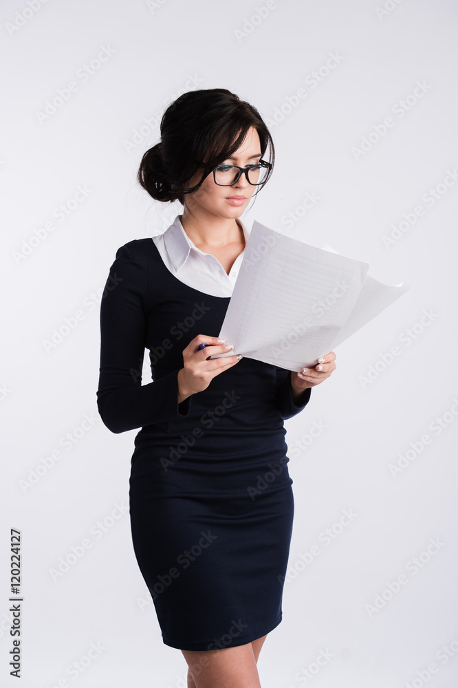 Portrait of smiling business woman with blank paper, isolated on white background Portrait of smiling business woman with blank paper, isolated on white background