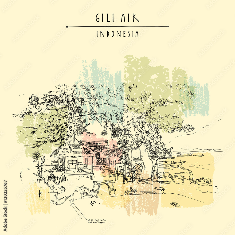 Tropical paradise in Gili Air island, West Nusa Tenggara province, Indonesia, Asia. Travel sketch. Hand-drawn vintage book illustration, greeting card, postcard or poster template