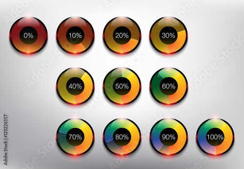 Progress indicator percentage set. Completion, charging, loading or level concepts. Colorful and transparent on the white panel. Vector illustration. Eps10.