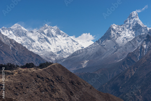 Everest, Lhotse and Ama Dablam mountain view, Namche Bazaar
