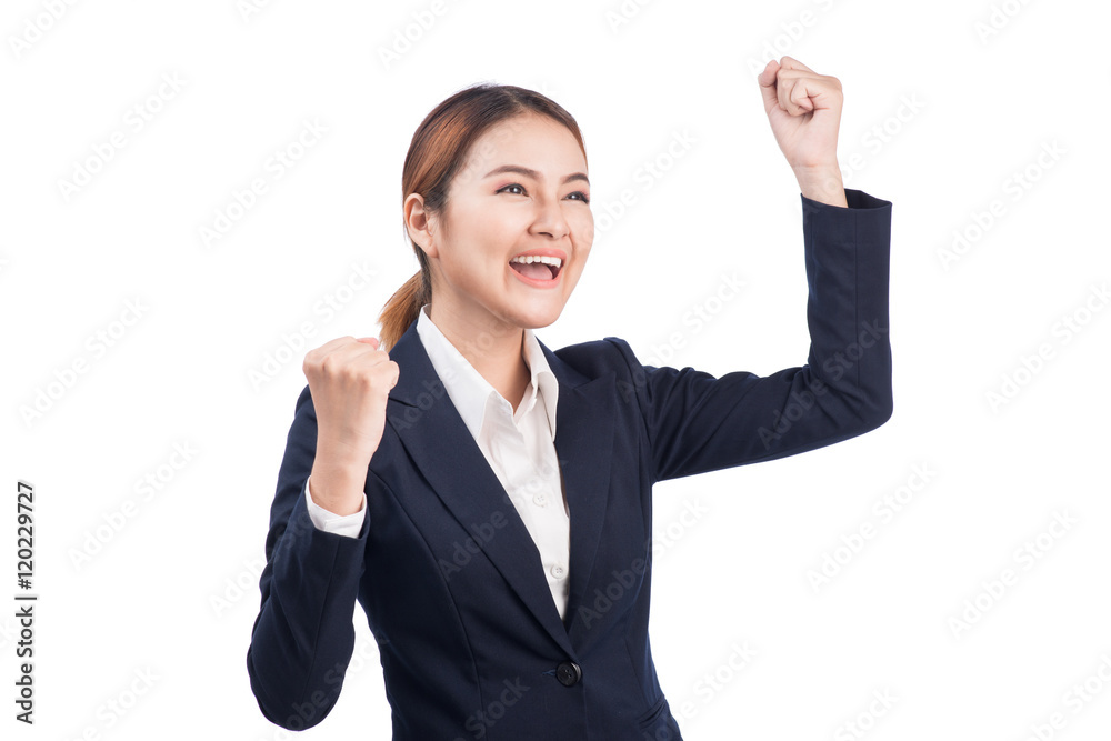 Successful business asian woman with arms up on white background Successful business asian woman with arms up on white background