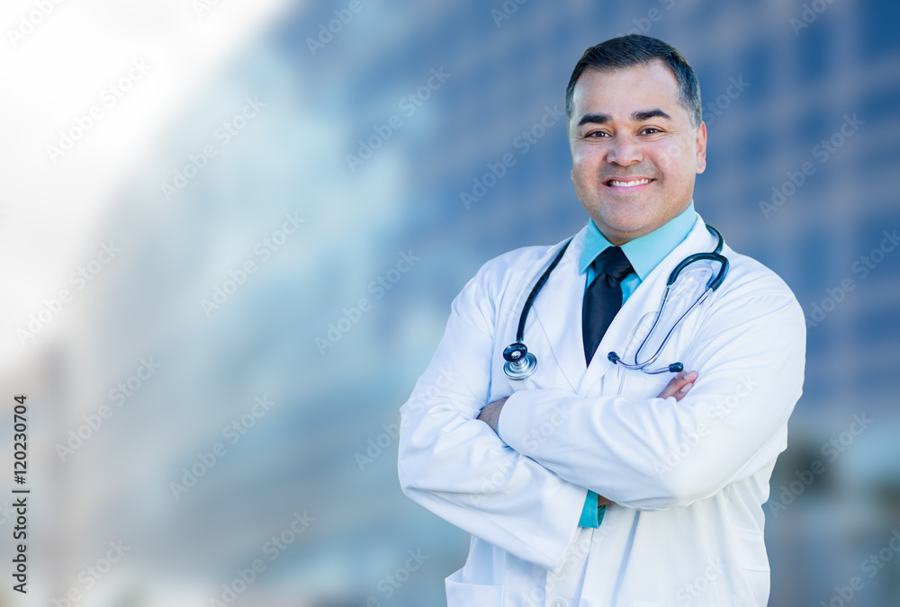 Hispanic Male Doctor or Nurse In Front Of Hospital Hispanic Male Doctor or Nurse In Front Of Hospital