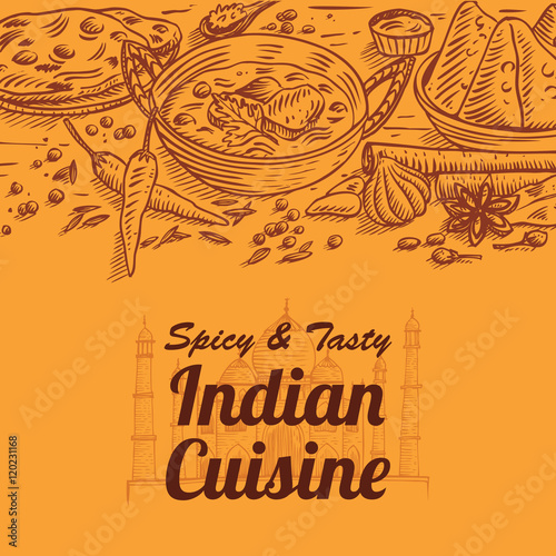 Hand drawn of Indian food and spices, vector