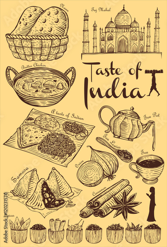 Set of hand drawn Indian food and ingredients