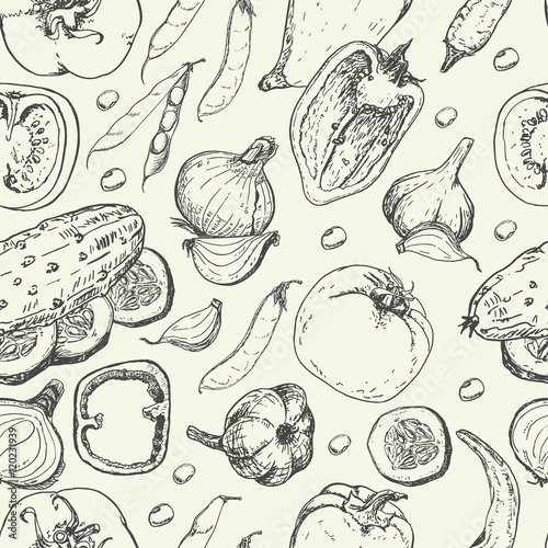 Seamless pattern with fresh vegetables. Tomato, pepper, cucumber, chilli, onion, garlic and beans