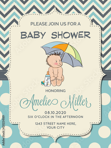 Beautiful baby boy shower card with little baby under umbrella