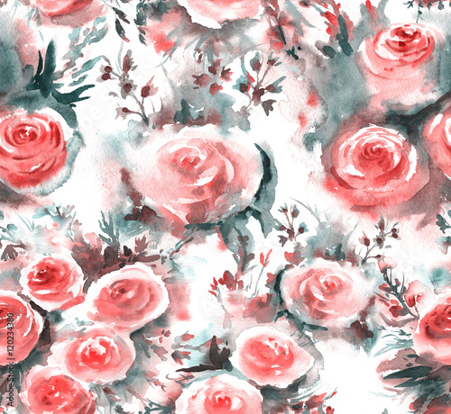 Beautiful and tender, romantic watercolor seamless pattern with roses bouquets. Floral hand-drawn repeated print with pink roses and different flowers for the textile, wallpapers etc.