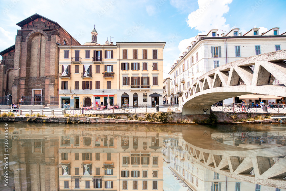 View on famous Navigli water canal with bridge and church in Milan city